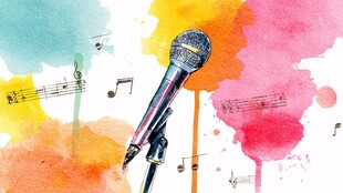 彩色背景中的麦克风与音符