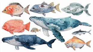 水彩海洋鱼类与鲸鱼插画
