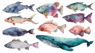 水彩绘多彩鱼类与鲸鱼