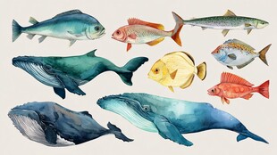 水彩绘海洋鱼类与鲸鱼