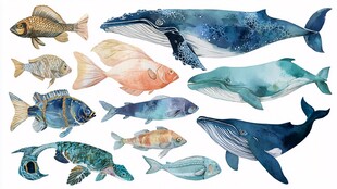 水彩海洋鱼类鲸鱼插画集合