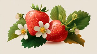 新鲜草莓配白花绿叶