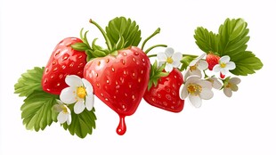 新鲜草莓配白花绿叶