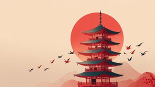 夕阳下的古风塔楼与飞鸟