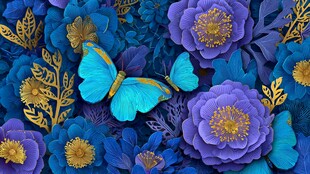 蓝紫花卉间的灵动蝴蝶