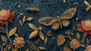 复古风昆虫花卉浮雕图案