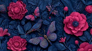 深蓝背景上的花卉昆虫图案