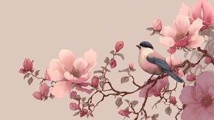 枝头俏鸟伴粉嫩玉兰花