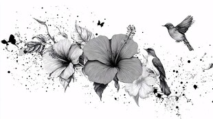 黑白花卉飞鸟艺术插画