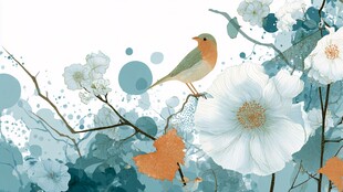 蓝白花卉间的小鸟