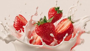 草莓跃入牛奶的美妙瞬间