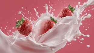 草莓跃入牛奶的美妙瞬间