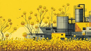 黄色花海旁的工业设施景观