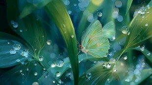 绿叶间的蝶与晶莹水珠