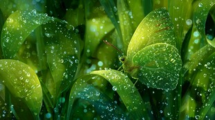 雨后绿叶上的晶莹水珠