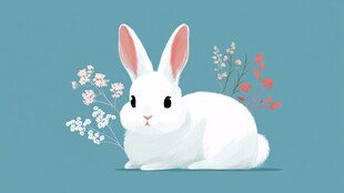 可爱白兔伴花卉插画