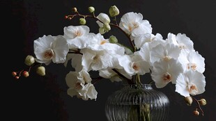 白色蝴蝶兰插于透明花瓶