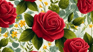 红玫瑰绿叶花卉图案