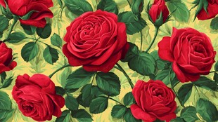 红玫瑰绿叶无缝花卉图案