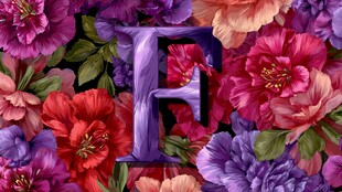 花卉环绕的紫色字母F
