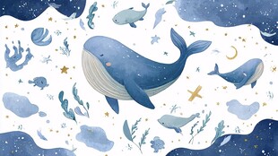 梦幻海洋鲸鱼插画背景