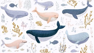 可爱海洋鲸鱼与水生植物图案