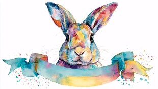彩色水彩风兔子与飘带