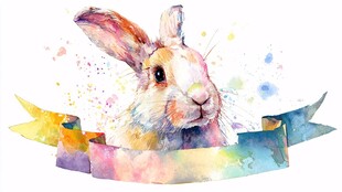 水彩风兔子与彩色飘带