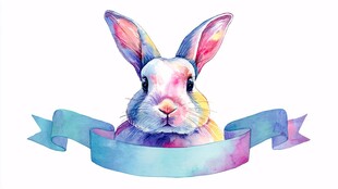 水彩风兔子带蓝色飘带