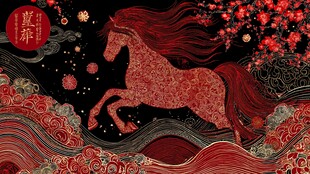 红鬃骏马跃动中式祥瑞景