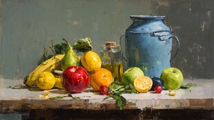 蓝罐旁的多彩水果静物画