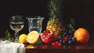 水果静物油画 美酒与鲜果
