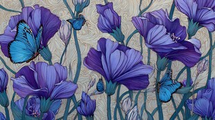 紫色花卉与蓝蝶唯美图案