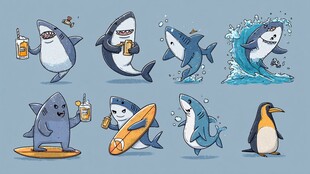 可爱鲨鱼与企鹅趣味插画