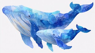 水彩风双鲸梦幻插画