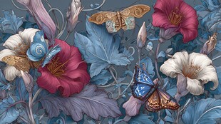 花卉间的蝶影奇幻图案