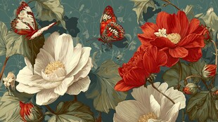 花卉与蝴蝶的唯美插画