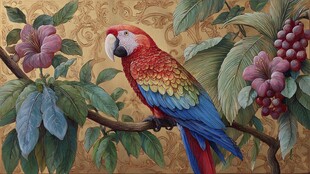 色彩斑斓鹦鹉栖于花枝间