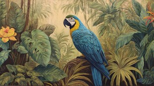 蓝鹦鹉栖息于繁茂热带丛林