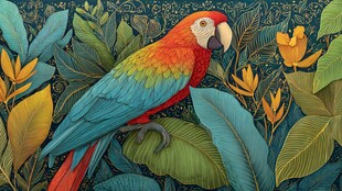 五彩鹦鹉栖于繁茂绿植间