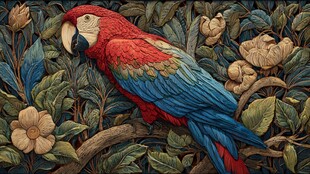 彩绘鹦鹉栖于繁花绿叶间