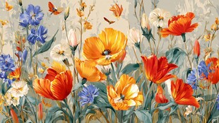 缤纷花卉绘景 蝶舞其间