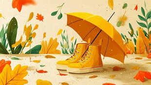 秋日黄靴撑伞落叶美景