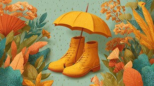 雨中黄靴与伞的温馨画面