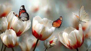 蝴蝶翩跹于红白郁金香间