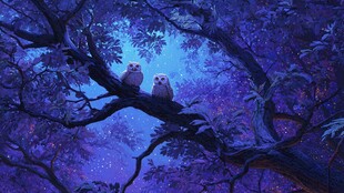 夜林中的双猫头鹰梦幻景象