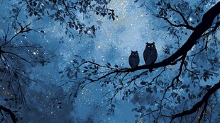 夜中双猫头鹰栖于树枝