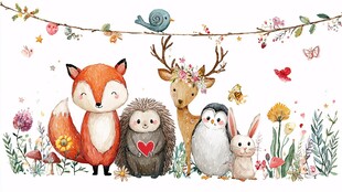 可爱动物欢聚的梦幻花园