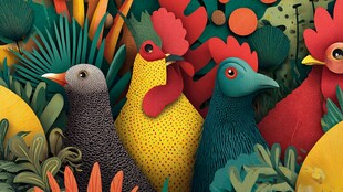 多彩萌趣鸡群置身绿植间