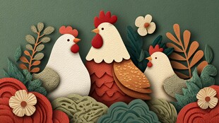 三只萌趣鸡的田园小景